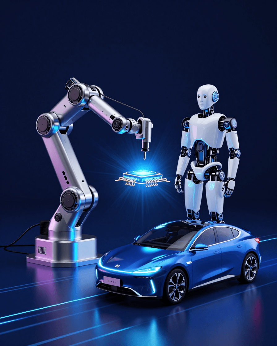 Illustration of the deep tech fields Narrative Stack works with: an AI microchip, a robotic arm and humanoid robot, developer tools, distributed systems, open source, and an autonomous vehicle, arranged on a layered stack
